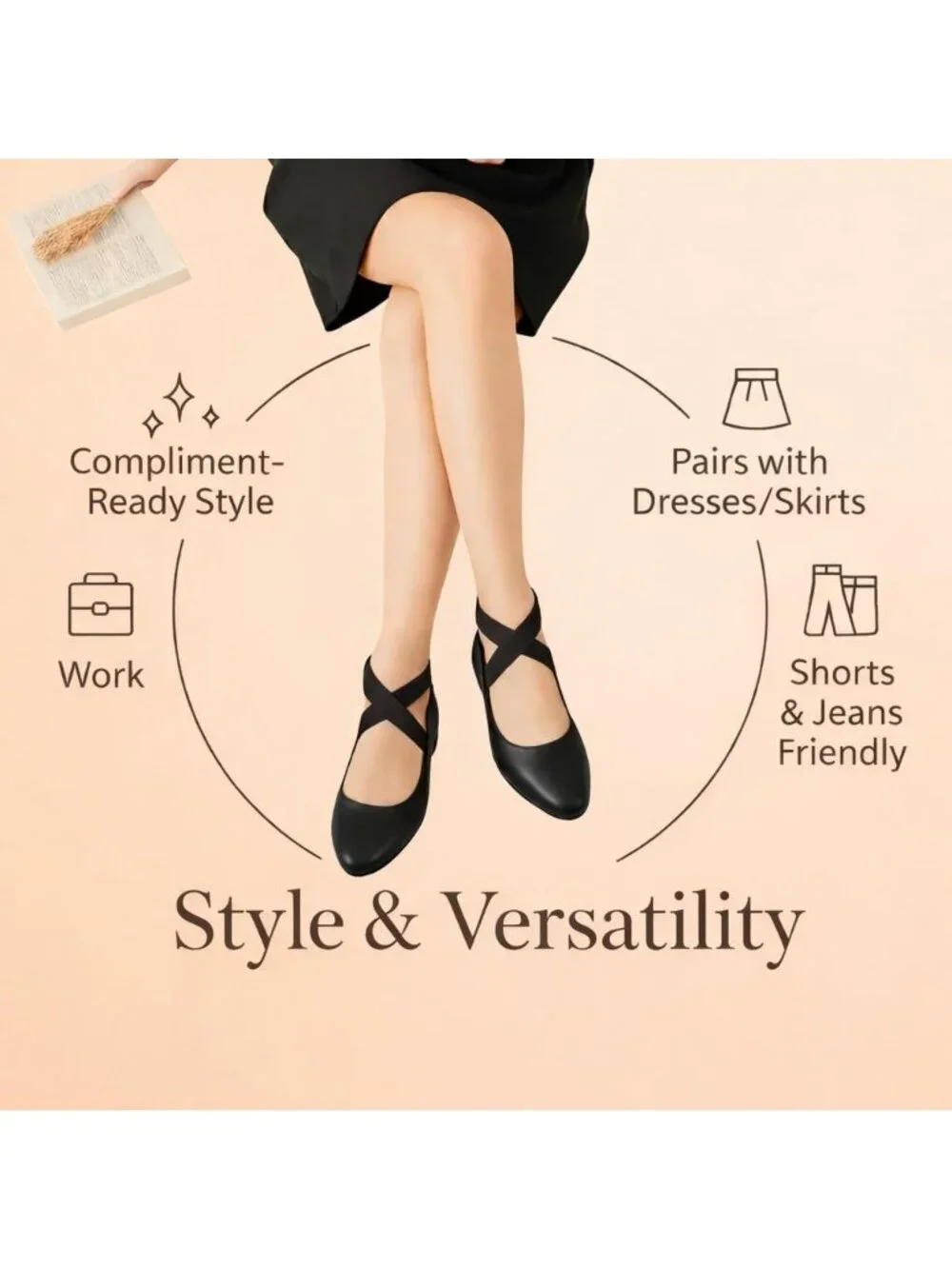 Women's All Black Foam Cushioned Closed Toe Criss Cross Elastic Strap Flat Shoes